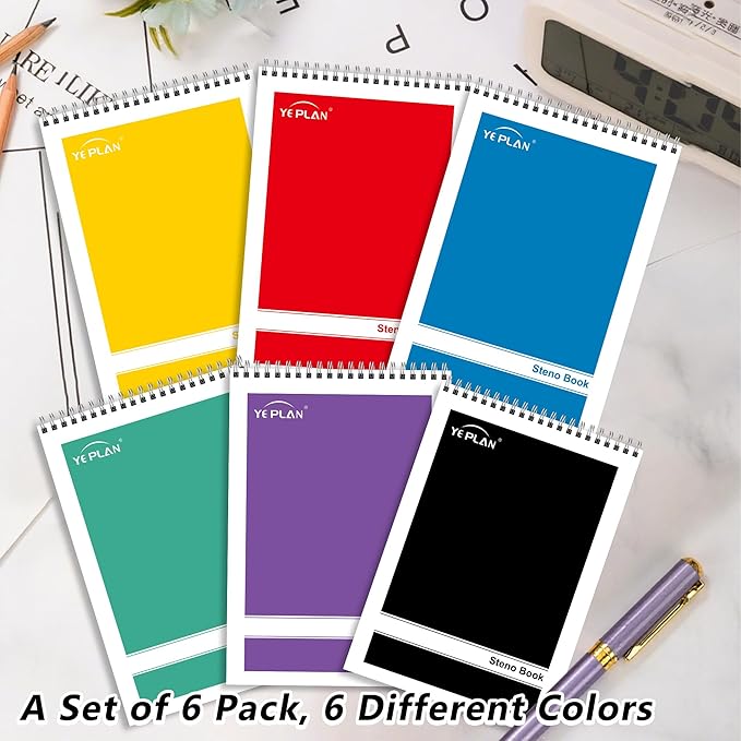 Yeplan Steno Pads Spiral Notebook 6x9 6 Pack, Top Spiral Notebook with Gregg Ruled White Paper, Notebooks & Writing Pads for School, College, Work, Office, Home, 60 Sheets, 6 Assorted Colors