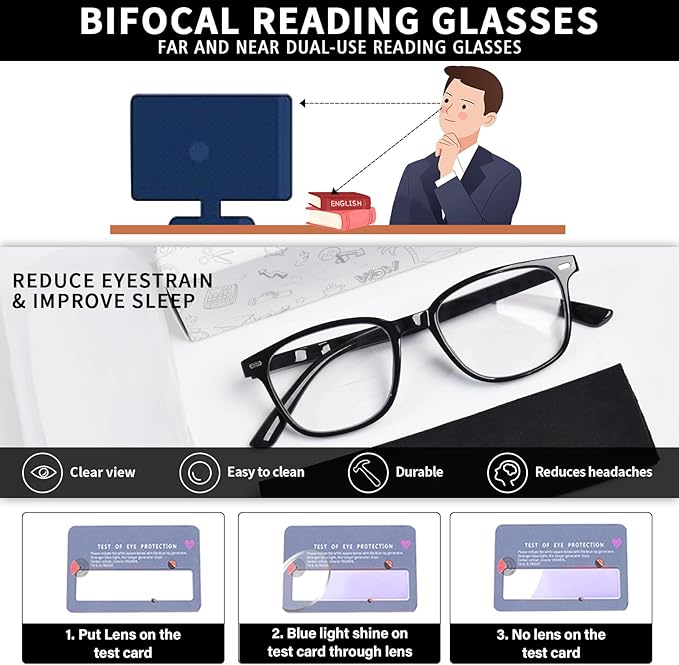 Bifocal Reading Glasses for Women, Blue Light Blocking Computer Readers with Spring Hinges, Retro Square Frame