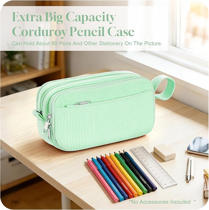 Corduroy Pencil Case, Large Capacity Pencil Pouch with 4 Compartments, Cute Soft Aesthetic Stationery Pen Bag Organizer with Zipper, Portable School Supplies for Teen and Adult Girls, Mint Green