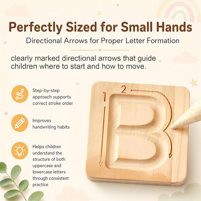 Alphabet Tracing Board for Kids Montessori Wooden Letter Tracing Set, 26 Double Sided Uppercase & Lowercase Boards with Arrows, Handwriting Practice Toy with Stylus & Storage Box