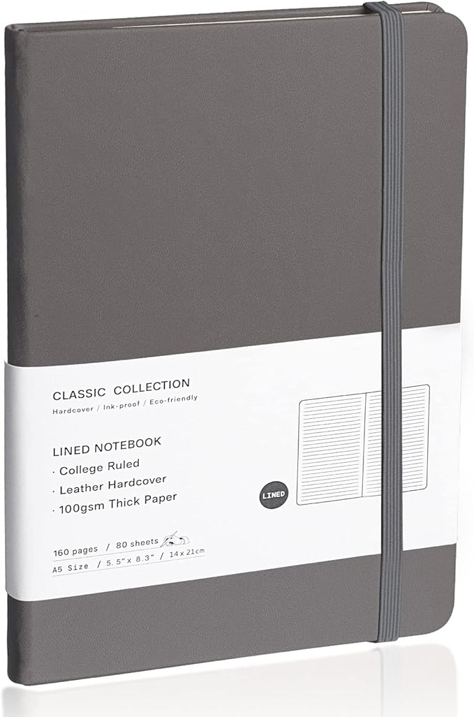 Lined Journal Notebook – Hardcover Notebook for Men & Women – Journals for Writing, Work, School, Home & Daily Notes, 160 Pages – Medium A5, 5.7"x8", 100 gsm Thick Paper (Dark Gray)