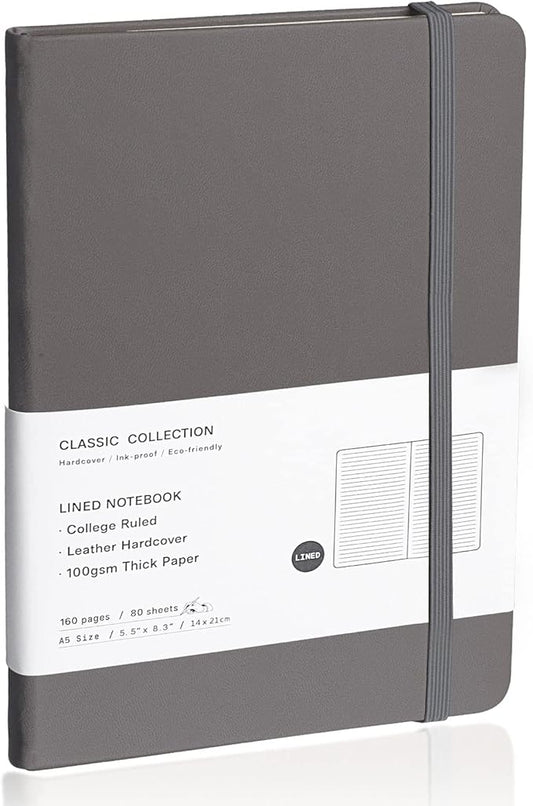 Lined Journal Notebook – Hardcover Notebook for Men & Women – Journals for Writing, Work, School, Home & Daily Notes, 160 Pages – Medium A5, 5.7"x8", 100 gsm Thick Paper (Dark Gray)
