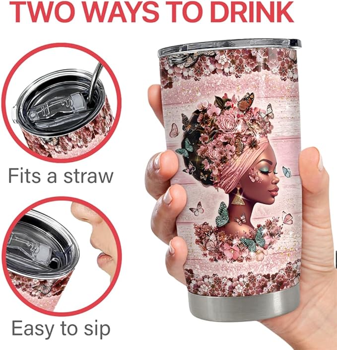 Black Woman Tumbler 20oz Stainless Steel Insulated Coffee Travel Cup Tumblers Gifts for Women Girls on Birthday Christmas
