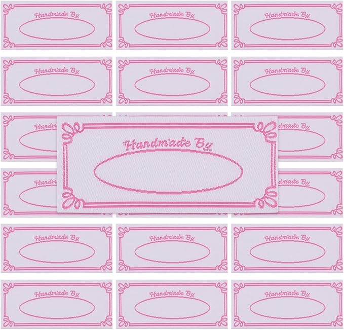 30 Pcs Handmade Iron on Labels Personalized Woven Iron-On Labels White Background with Pink Text Count Fabric Label Sew/Ironing on Label for Clothing Knitting Quilting Crafts 2.2'' *1''
