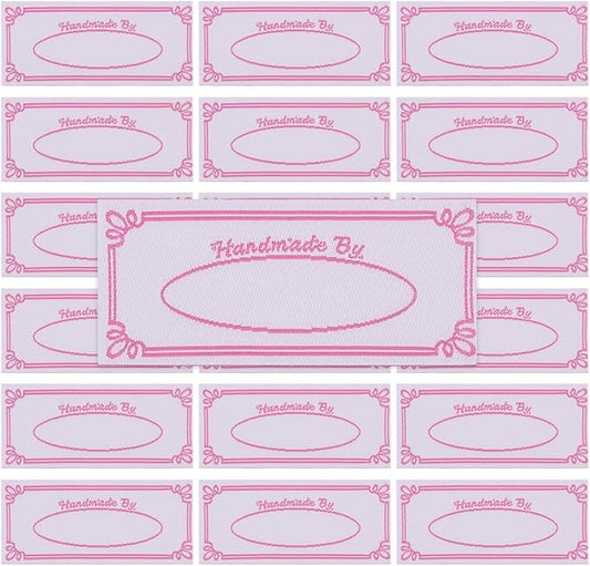 30 Pcs Handmade Iron on Labels Personalized Woven Iron-On Labels White Background with Pink Text Count Fabric Label Sew/Ironing on Label for Clothing Knitting Quilting Crafts 2.2'' *1''