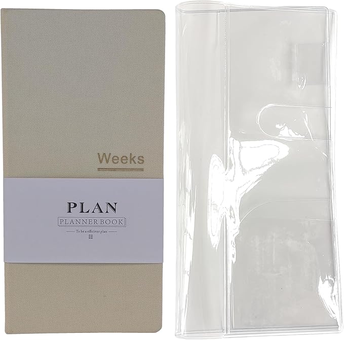 Undated Pocket Weekly Planner Schedule Organizer Agenda Year Month Week Plan A6 Notebooks (Beige with clear cover)