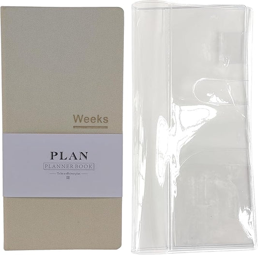 Undated Pocket Weekly Planner Schedule Organizer Agenda Year Month Week Plan A6 Notebooks (Beige with clear cover)