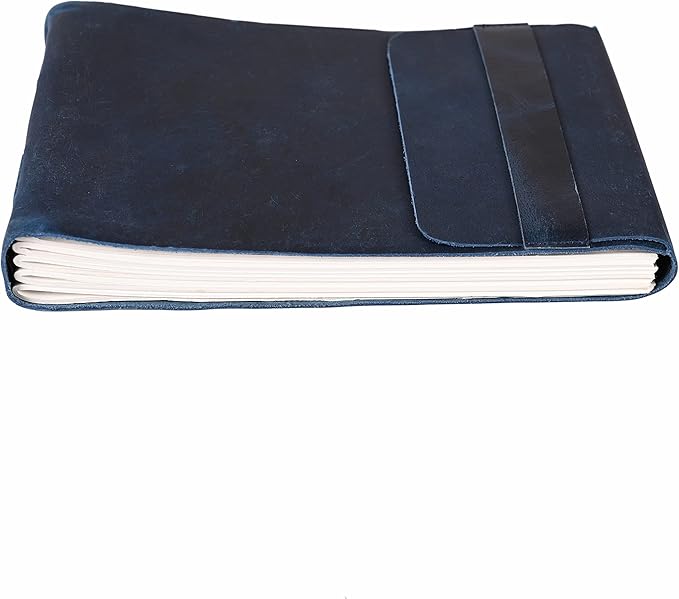 Leather Drawing Journal Daily Travel Diary, Antique Handmade Vintage Bound Rustic Writing Notebook, Genuine Leather Unlined/Blank Cream Paper, Art Sketchbook, 7x10 Inches-Blue