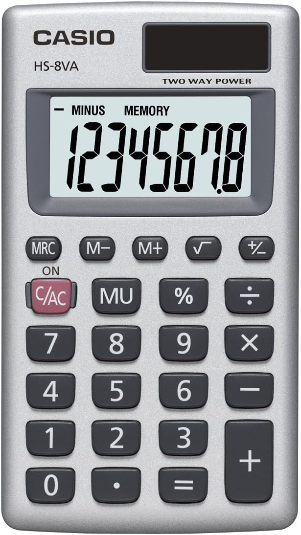 Casio HS-8VA Mini 6-Function Calculator | Large 8-Digit LCD Display | Solar Powered with Battery Backup | Standard Function | Portable Pocket Size