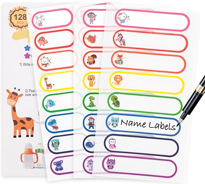 Name Labels for Kids Stuff Daycare, Waterproof Kids Labels for School Supplies, 128 PCS Personalized Name Tags Stickers for Water Bottles, Self Laminating, Dishwasher Safe