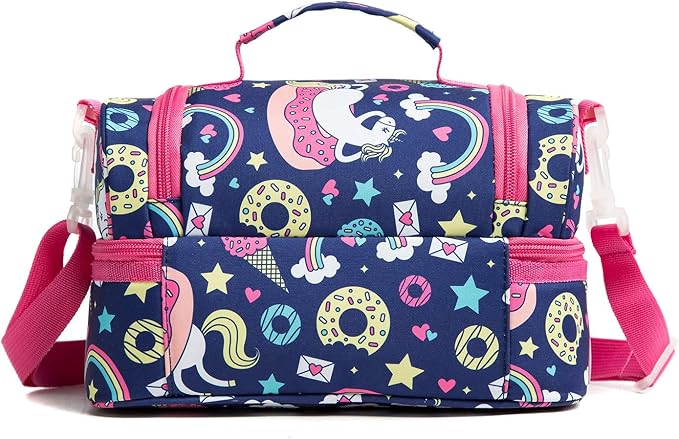 Insulated Kids Dual Compartment Lunch Bags Tote for Girls Boys Lunch Boxes Pre-School Toddler Kindergarten Picnic Camp Food Cooler Thermal with Strap