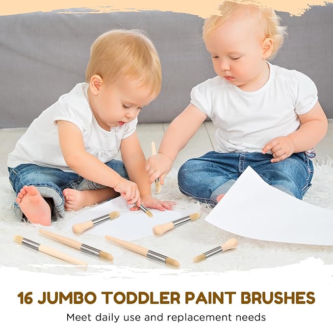 Sinload 16 Pcs Watercolor Paint Brushes for Kid Baby Toddler Jumbo Brushes with Chubby Wood Handles Easy to Grip Round Paintbrushes Non Toxic Vegan Bristles for Painting Art Supplies Craft Projects