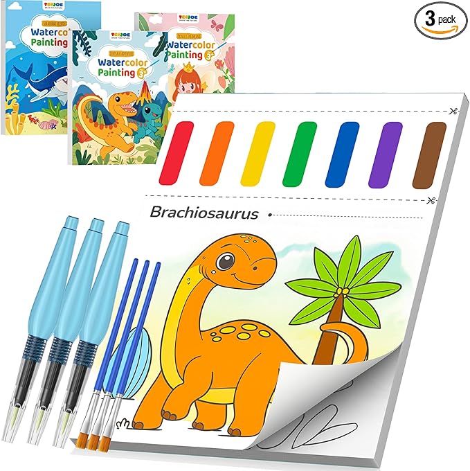 TECJOE 3 Pack Paint with Water Coloring Books for Toddlers, Mess Free Watercolor Painting Set with 6 Brushes, Travel Art Craft Activities Toy Birthday Gifts for Kids Ages 3-8, Princess, Dinosaur & Sea