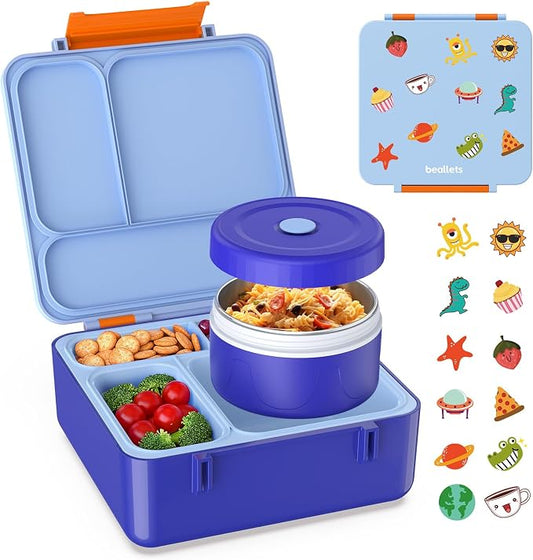 Bento Box for Kids, Lunch Box with Sticker for School | DIY Sticker Fun, Quick Lunch Packing, 4-Compartment Design, Insulated Food Jar, BPA-Free, Leak-Proof