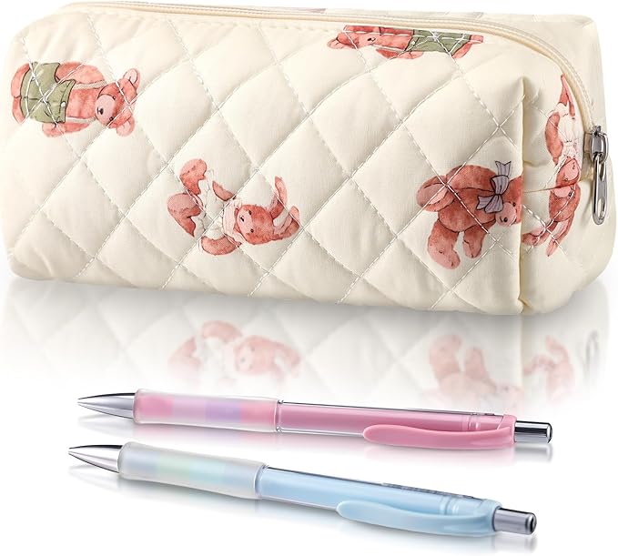 Sherr Bear Pencil Case Beige Cute Pencil Pouch Soft Cotton Quilted Storage Bag Aesthetic Pattern Gift Makeup Pouch Cosmetic Travel Bag for Women