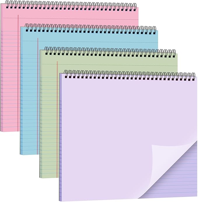 MotiMind 4 Pcs Legal Pads Landscape Notebooks Hole Punched Top Spiral Bound Notebooks 11 x 9.5 Inch College Ruled Drawing Notepad Tear Line for Removal 50 Sheet Office Steno Book(Light Colored)