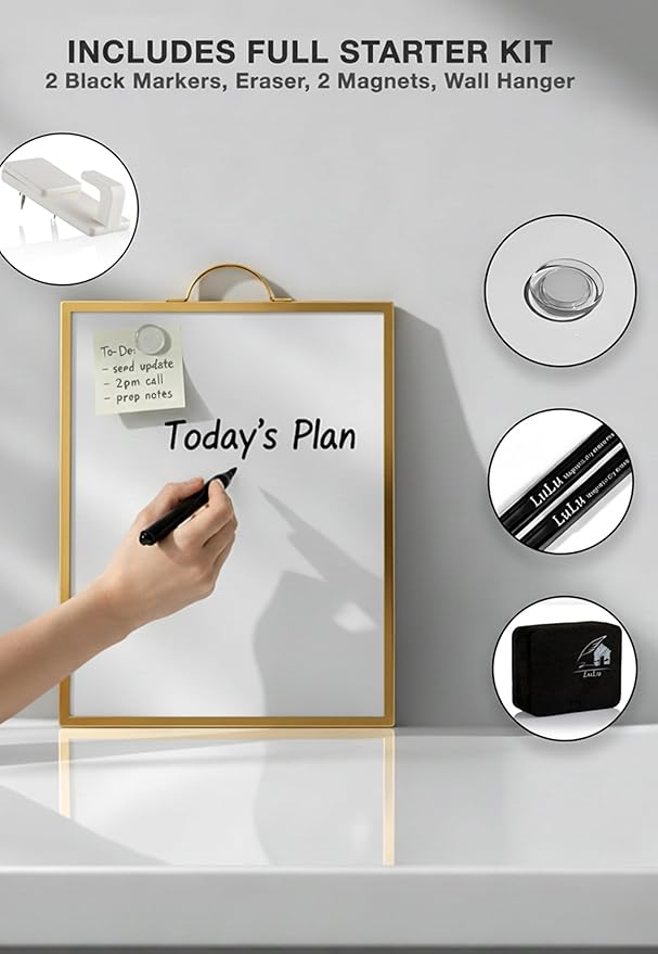 Magnetic Dry Erase Board 12x16 with Handle, Double Sided Portable Gold Whiteboard for Home, Office, School & Kitchen