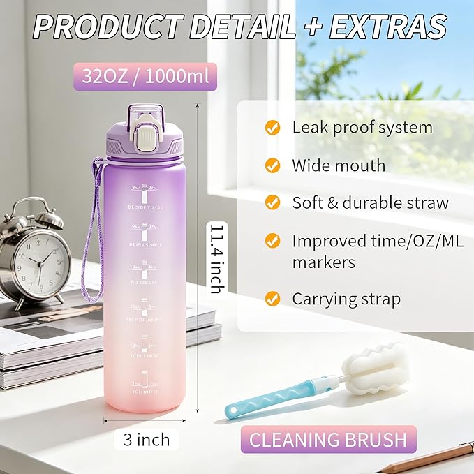YC Kitchen Motivational Water Bottle with Time Marker- 32oz Water Bottles with Times to Drink, Leakproof & BPA Free Sports Water Bottle with Straw & Carry Strap for Fitness, Gym, and Outdoor Sports