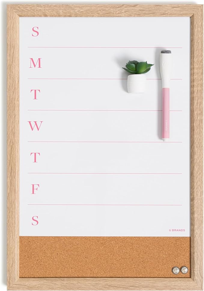 U Brands Framed Magnetic Weekly Dry Erase Calendar Combo Board, 16"x11", Wood Style Frame, Includes Magnetic Dry Erase Marker with Eraser Top, Succulent Magnet, and 2 Push Pins