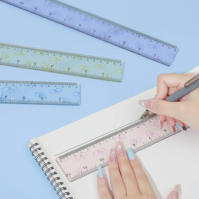 BAYTORY 4Pcs Transparent Acrylic Ruler 12 Inch, Clear Plastic Straight Rulers, Shatterproof Student Stationery Centimeters with Inches, for Classroom Essentials School Supplies (Bowknot 12 Inch)
