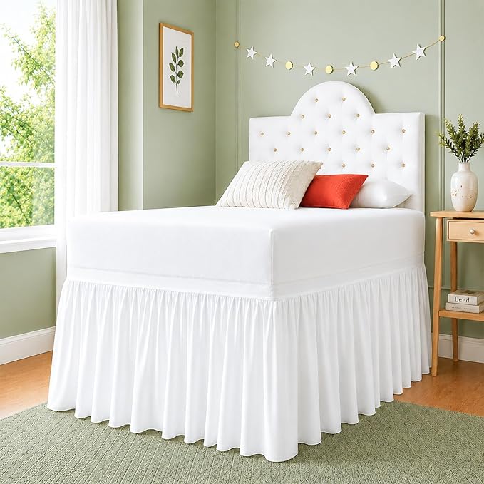 Cottingon Dorm Room Bed Skirt Twin XL, White Microfiber Dust Ruffle, 34 Inch Drop, Fits Standard College Beds 39 x 80, Under Bed Storage Cover, College Dorm Room Essentials, Back to School Bedding
