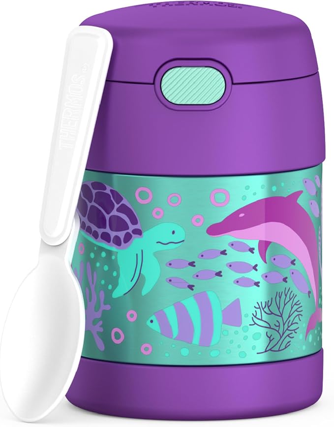 THERMOS FUNTAINER Insulated Food Jar, 10 Ounce, Kid Friendly Food Jar with Foldable Spoon, Ocean Pals