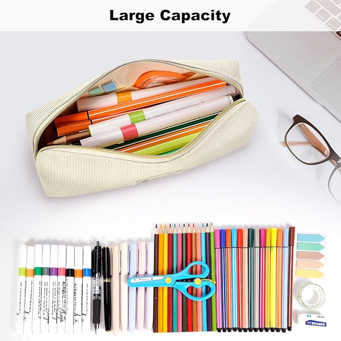 FINPAC Pencil Case, Corduroy Aesthetic Makeup Bag, Cute Kawaii Pen Bag Pouch Holder Box Organize for Study, Office, or Travel (Beige)