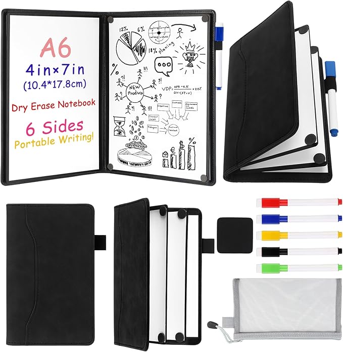 Feifeiya 6 Sides Dry Erase Notebook Portable White Board 5"x7"(a6) Mini Dry Erase White Board Notebook Foldable Anti-ghosting Surface for Office, School, Study, Travel & Business Meeting Planning