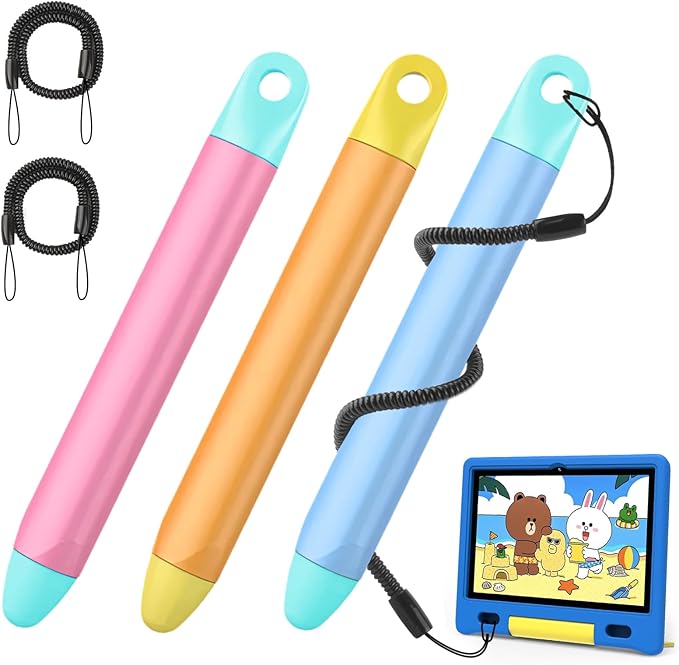 Kid-Friendly Stylus Pen with Tethers for Touch Screens, 3 Pack Kids Tablet Stylus for iPad, iPhone, Fire Tablet, Fire Kids, Samsung Tablets and All Touch Screen Devices, Safe Stylus Pen for Kids
