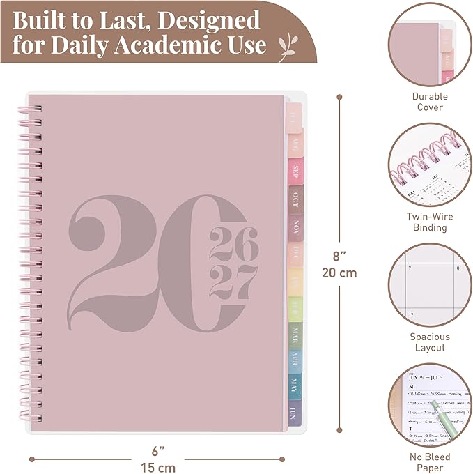 Rileys Academic Planner 2026-2027, Daily, Weekly & Monthly Planner, July 2026 - June 2027, Student Notes Pages, Twin-Wire Binding, Weekly Agenda for School & Work (8 x 6-Inches, Typographic, Pink)