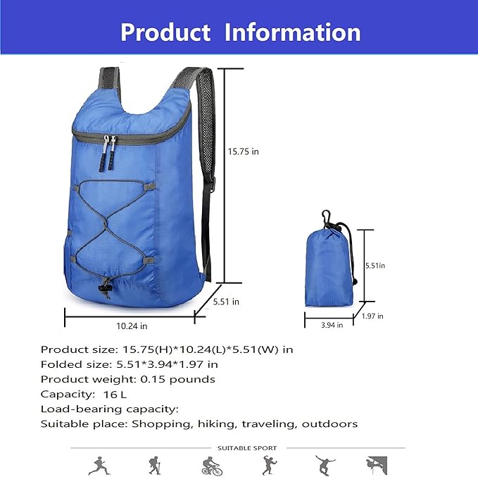 levayhill 16L Lightweight Foldable Hiking-Backpack Small Packable-Daypack For Travel,Ultralight Water-Resistant Gym Bag Men Women Easy Carry-on (Royal Blue)