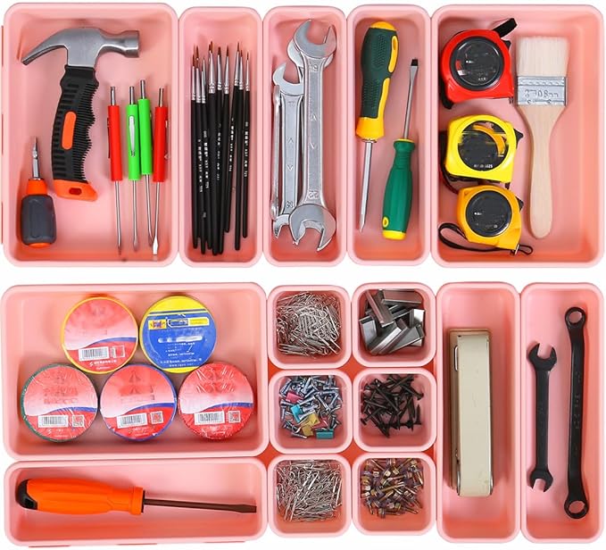 Kutesna 15 PCS Interlocking Desk Drawer Organizer Separator for Office,Bathroom,Kitchen,Makeup（Pink）