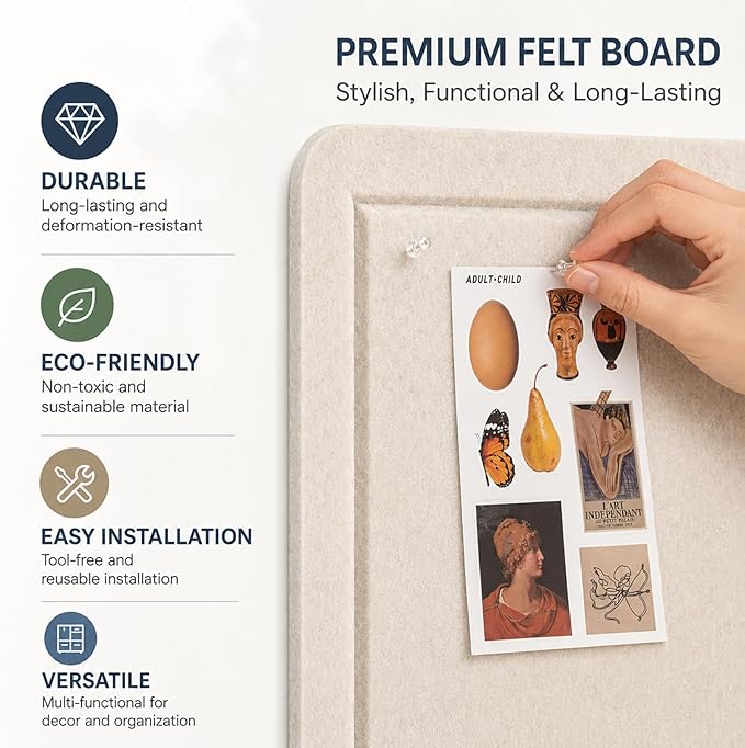 Felt Bulletin Board for Wall 24" x 18" Unfolded Size, Small Frameless Felt Pin Board, Soft Cork Board Alternative for Office, Home Planning, Notes, Photos & Wall Decor, Foldable Shipping, Easy Install