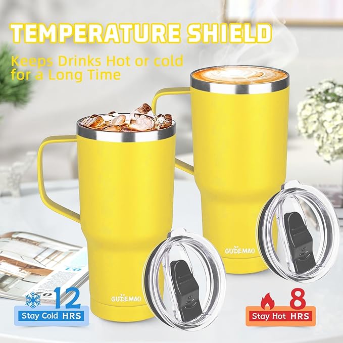 20 oz Insulated Coffee Mug with Ceramic Coating, Stainless Steel Travel Mug Tumbler with Handle Lid and Straw, Double Wall Leak-Proof Coffee Travel Mug Keeps Drink Hot and Cold (Yellow)