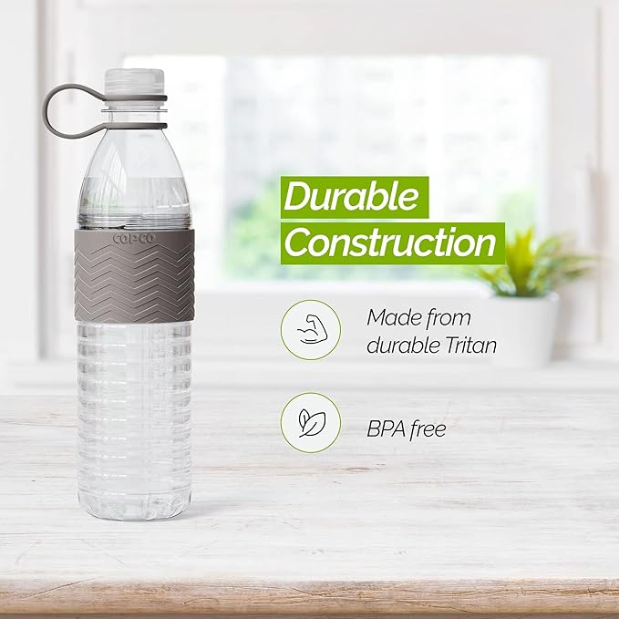 Copco Hydra 20 oz Water Bottle with Carrying Loop – Leak Proof, BPA Free Tritan, Dishwasher Safe, Twist-Open Body, Non-Slip Silicone Grip, Ideal for Gym, Travel, Office & Everyday Use (Grey)