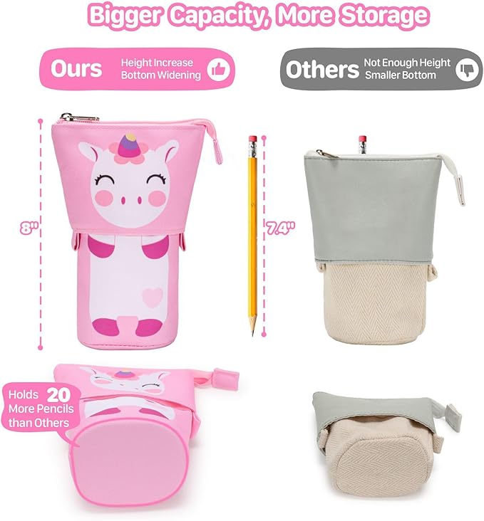 Standing Pencil Case Girls - Telescopic Pouch for Kids, Cute Kawaii Pencil Case for Girls, Big Capacity Stand Up Pencil Pouch for Kids, Pink Unicorn