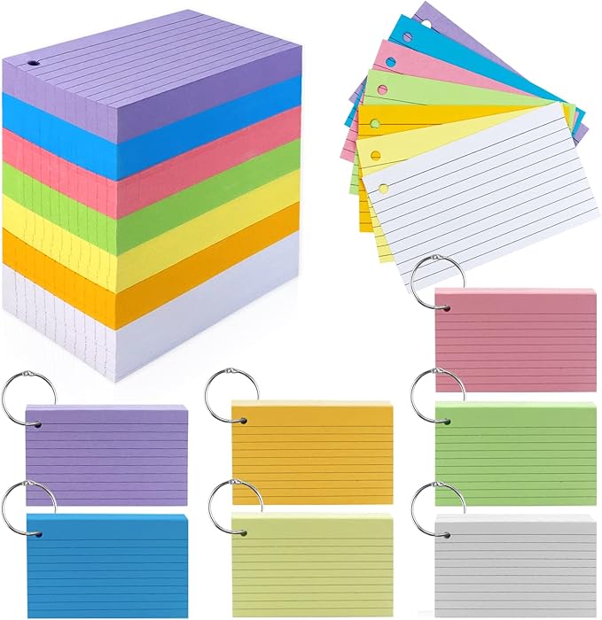 Tecmisse 600 Pieces Index Cards Rulded, Colorful Flash Cards 3 x 5 Index Card with Rings, Heavy Study Cards, Note Cards Punched for School Learning, Office and Home Uses (7-Color Thickened)