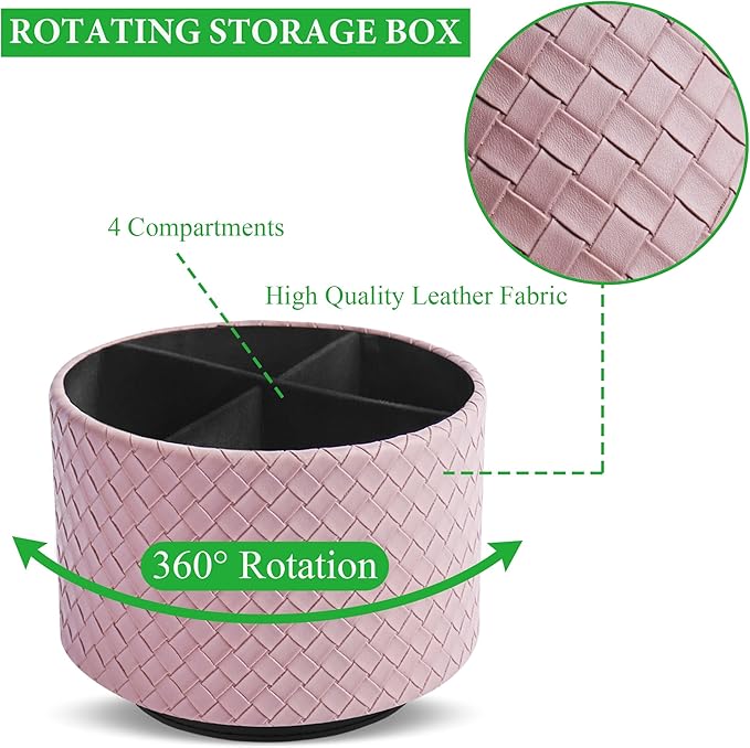 Round Leather Art Supply Organizer,Remote Control Holder,360 Degree Spinning,Multi-Functional Pencil Holder,4 Compartments Desktop Stationary Organizer(1-Weave Purple)