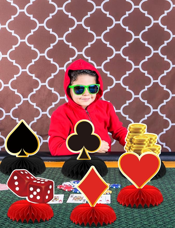 12Pcs Casino Theme Party Decorations, Casino Centerpieces for Tables 3D Red Black Honeycomb Centerpieces Topper Poker for Las Vegas Themed Birthday Game Night Casino Poker Party Supplies