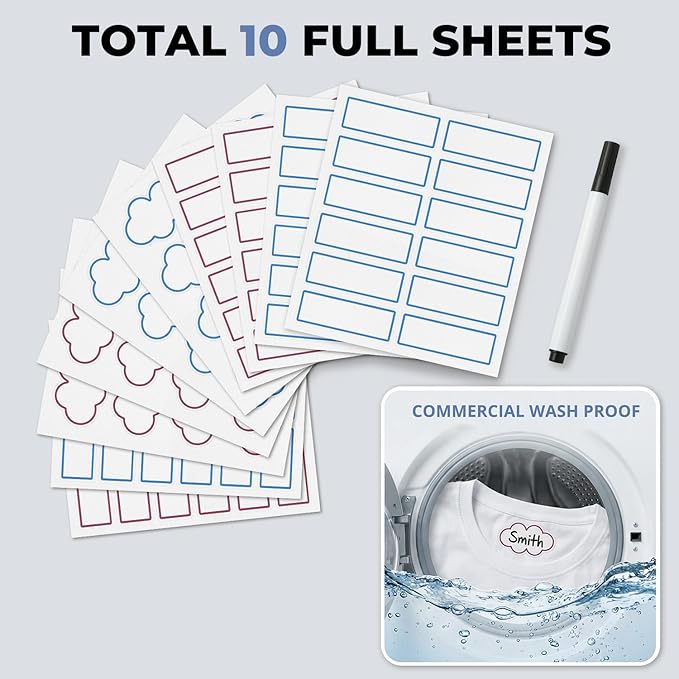 HX AURIZE Write On Fabric Iron-On Name Labels for Clothing (116 Pcs) - NOT A Regular Sticker, Anti-Bleed Washable Tags for Nursing Home & Daycare, Dry Cleaner Safe Kit (Berry & Sky)