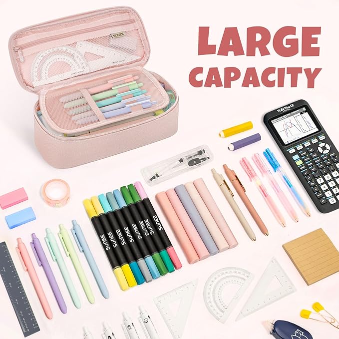 SUNEE Cute Pencil Case, Large Capacity Pencil Pouch, Big Storage Organizer for Stationery, Zipper Pen Bag, Back to School Supplies, Office Organizer Makeup Bag, for Teen Girl Boy Men Women, Pink