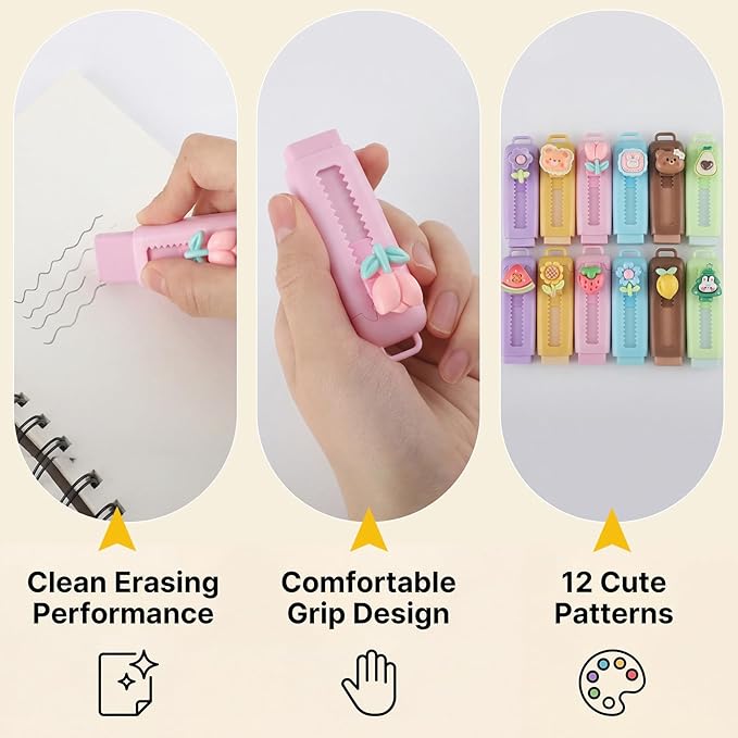 BESARME 12 PCS Retractable Eraser, Cute Erasers Classroom Prizes Fun erasers for School Office Birthday Party Favors Goodie Bag Stuffers End of The Year Gifts for Students