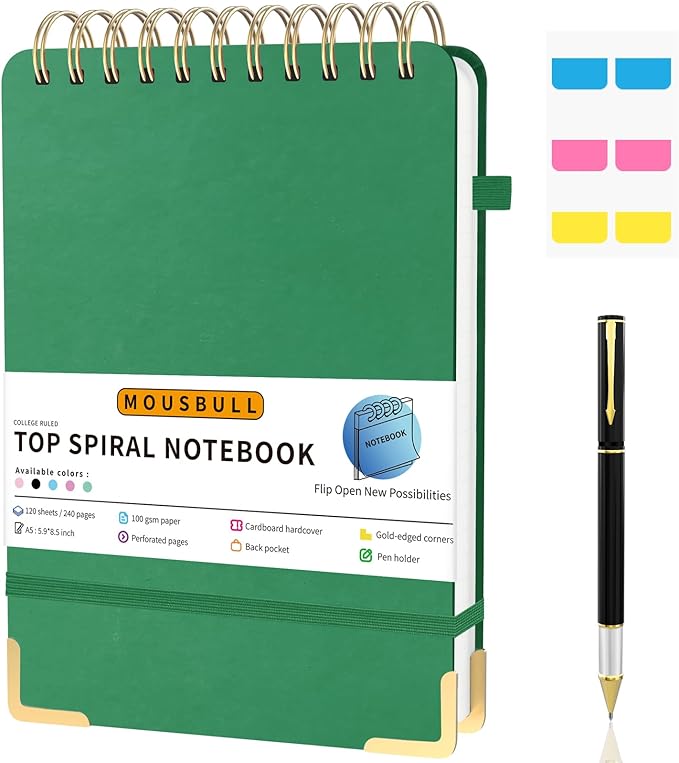 Top Spiral Notebook, A5 Hardcover Top Bound Steno Pads, 240 Pages 100gsm College Ruled Left Handed Notebook Journal for Work, School, Meeting Writing - Green, 5.9" x 8.5"