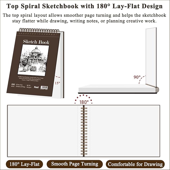 Fuxi Sketchbook 8.5x11, 100 Sheets Hard Cover Sketch Book 8.5" x 11", 68 lb/100gsm Drawing Pad Paper, Spiral Sketch Pad 8.5" x 11", Blank Sketchbook for Art Class, Artist Supplies for Adults