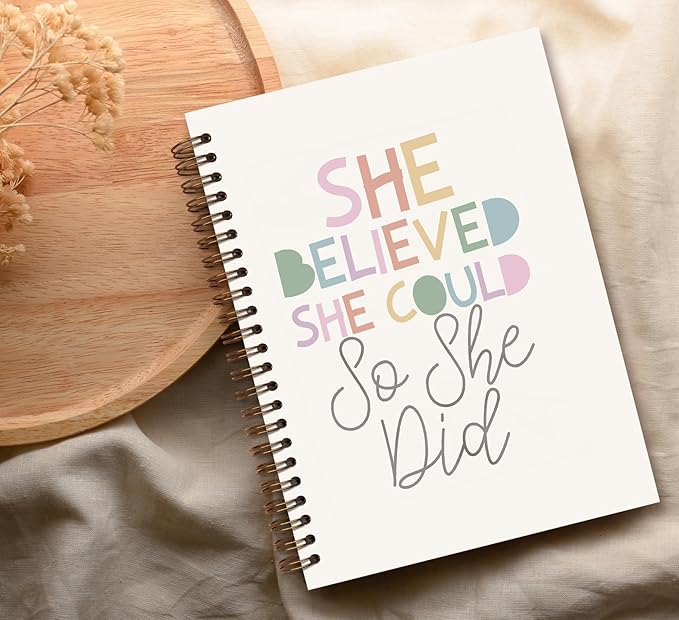 Positive Boho Rainbow Spiral Notebook,She Believed She Could So She Did,Inspirational Gifts for Women Teen Girls,Hardcover College Ruled Spiral Notebook Journal for Work School Student Teacher