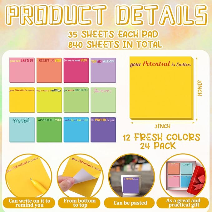 Yinder 24 Pcs Inspirational Sticky Notes Cute Motivational Sticky Notes Pad End of Year Employee Appreciation Gifts Bulk for Teacher Nurse Coworkers Office Supplies 3 x 3'' (Thank You,Classic Color)