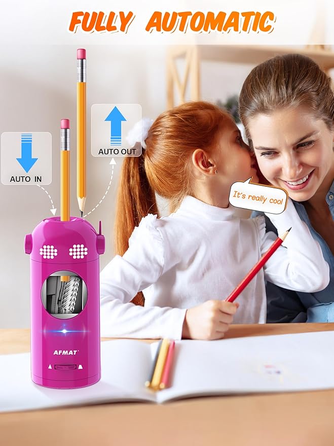 AFMAT Electric Pencil Sharpener Fully Automatic, Colored Pencil Sharpeners for 7-11.5mm Pencils, Rechargeable Hands-Free Robot Sharpener for Classroom, Home, Office, Battery Operated, PSX5EW, Pink