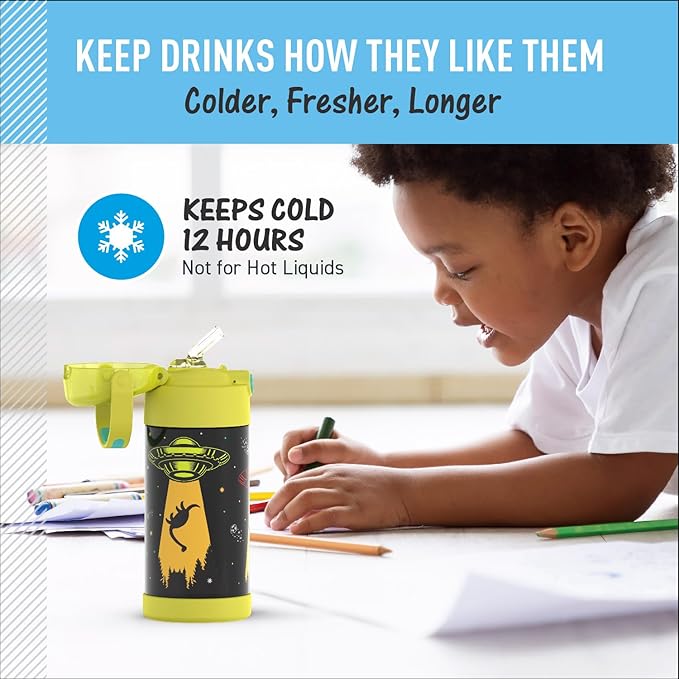 THERMOS FUNTAINER Water Bottle with Straw - 12 Ounce - Kids Stainless Steel Vacuum Insulated Water Bottle with Lid, Out Of This World