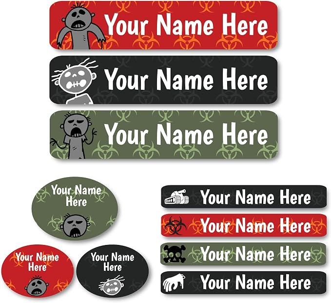 Lovable Labels Personalized Labels for Kids (85 Labels/Pack) - 3 Label Sizes Waterproof Dishwasher Safe Peel & Stick Labels for School Supplies Daycare Camp Clothing Bottles (Zombie Camp)