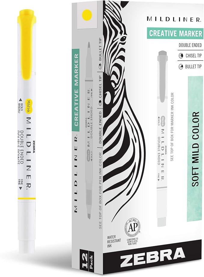 Zebra Pen Mildliner Dual-Tip Highlighters, Broad and Fine Tips, Ideal for Bible Highlighting, No Bleed, School Supplies, Teacher Supplies and Office Supplies, Mild Lemon Yellow Ink, 12-Pack (78550upc)